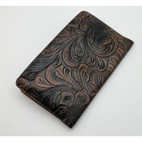 Vintage Embossed Vinyl Business and Credit Card Holder Floral Pattern Brown - Picture 2 of 7
